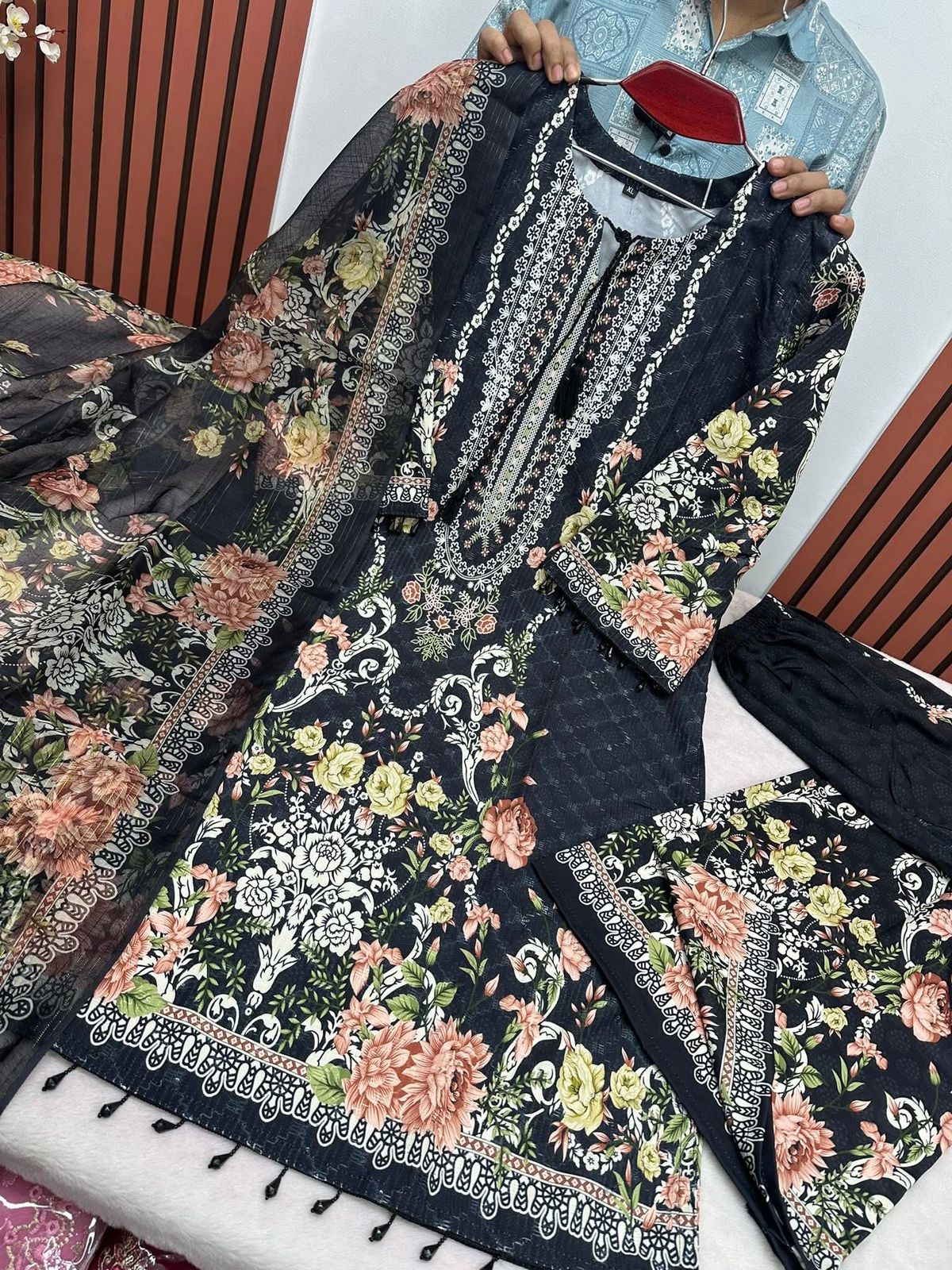 Embroidery Sequence Digital Print Three Piece
