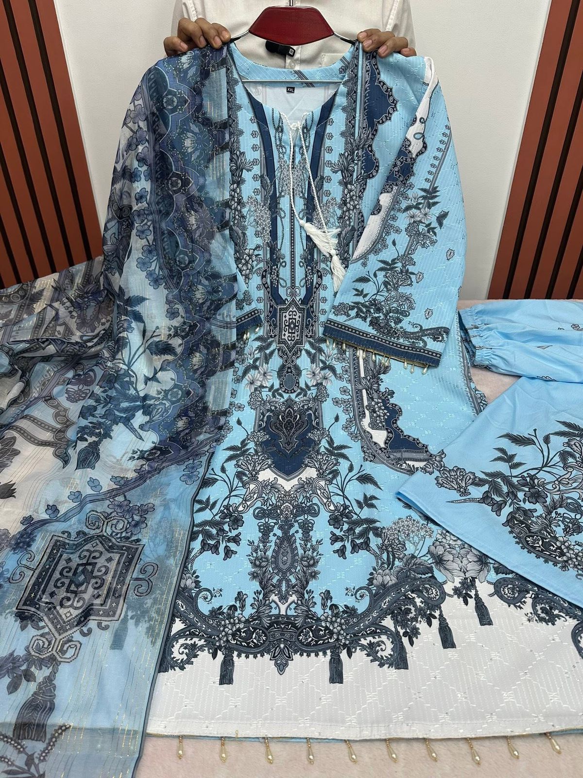 Embroidery Sequence Digital Print Three Piece