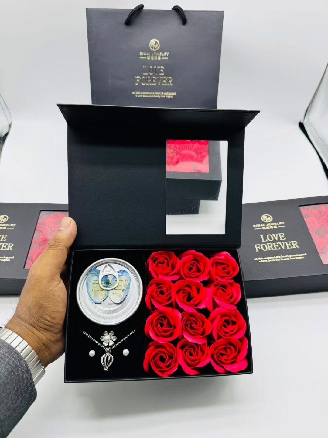Love Forever Red Rose & Pearl Necklace Set with Bag | Premium Gift Box