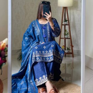 Arong Cotton Three Piece Readymade Salwar Kameez with Skin Print and Lace Work