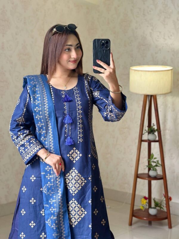 Arong Cotton Three Piece Readymade Salwar Kameez with Skin Print and Lace Work
