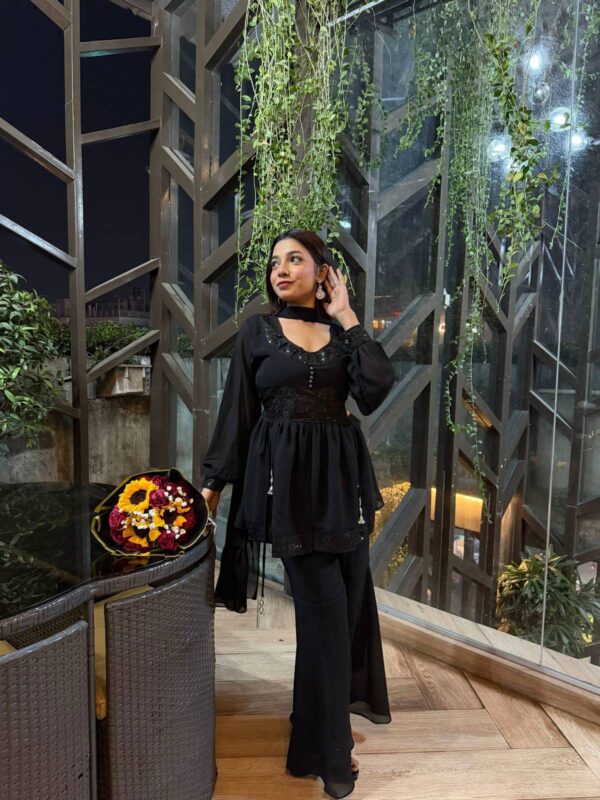 Black Georgette Sequence Three Piece Suit with Tassel Work and Inner Attached Palazzo