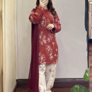 Cotton Dress with Skin Print and Lace Work Full Set 3 Piece Salwar Kameez