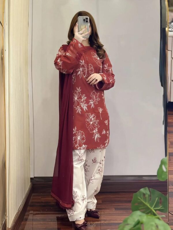 Cotton Dress with Skin Print and Lace Work Full Set 3 Piece Salwar Kameez