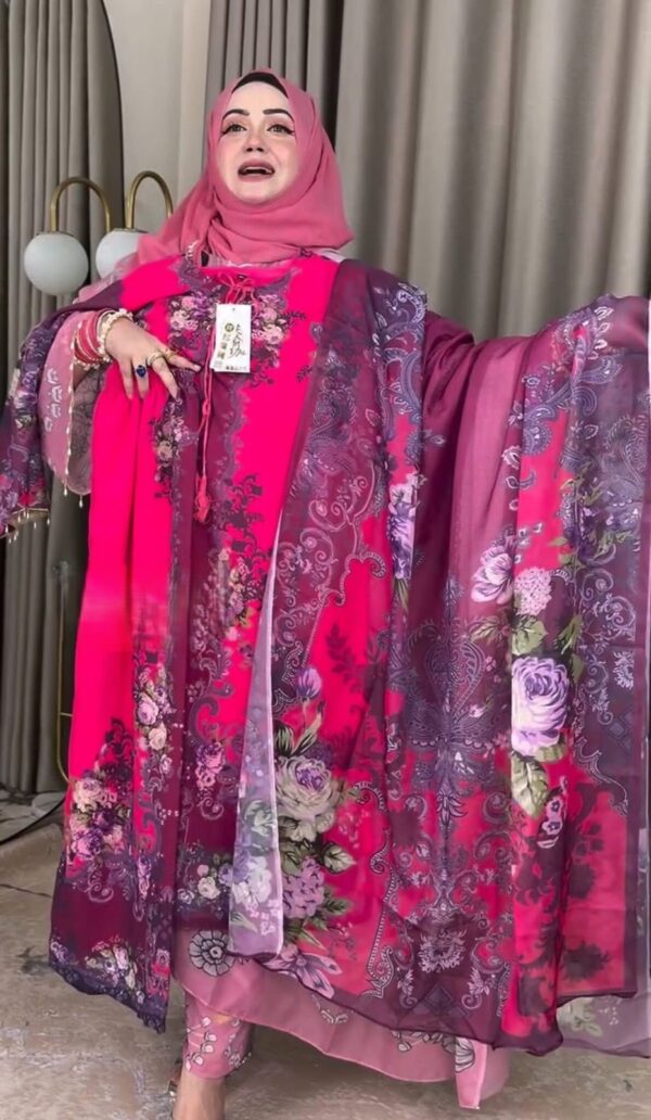 Digital Print Three Piece Cherry Fabric Suit with 5 Hat Georgette Dupatta