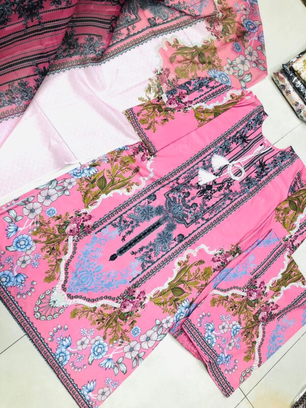 Digital Print Three Piece Cherry Fabric Suit with 5 Hat Georgette Dupatta