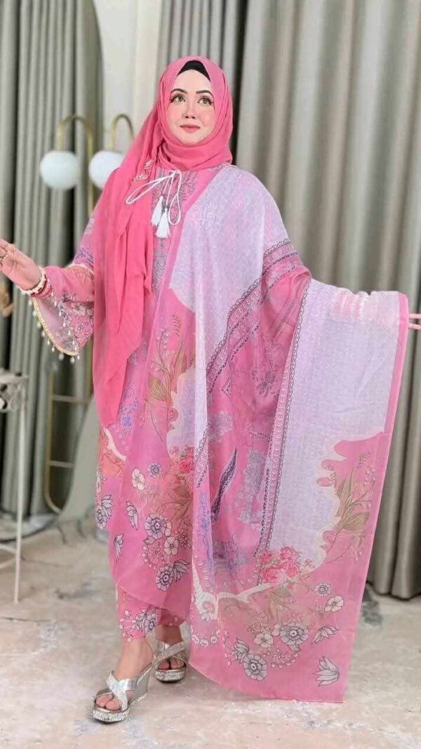 Digital Print Three Piece Cherry Fabric Suit with 5 Hat Georgette Dupatta