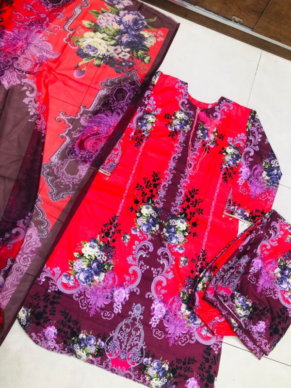 Digital Print Three Piece Cherry Fabric Suit with 5 Hat Georgette Dupatta