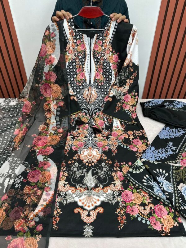 Digital Print Three Piece Cherry Fabric Suit with 5 Hat Georgette Dupatta
