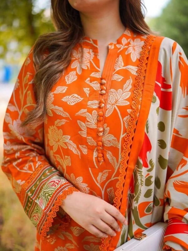 Digital Print Three Piece China Microstitch Suit with Lace Work and Georgette Dupatta