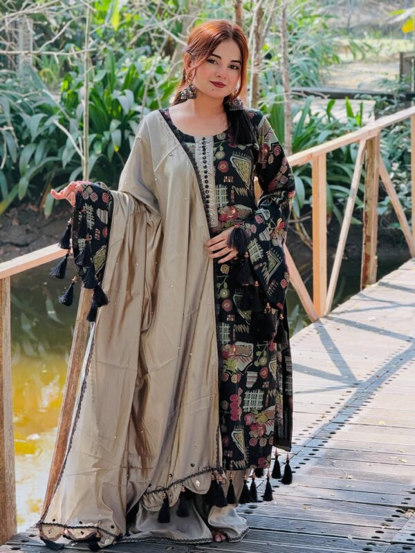 Digital Print Three Piece Micro Stitch Suit with Lace Work and Georgette Dupatta