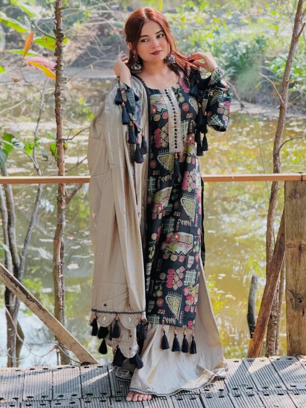 Digital Print Three Piece Micro Stitch Suit with Lace Work and Georgette Dupatta