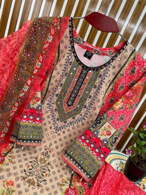 Digital Print Three Piece Micro Stitch Suit with Lace Work and Georgette Dupatta