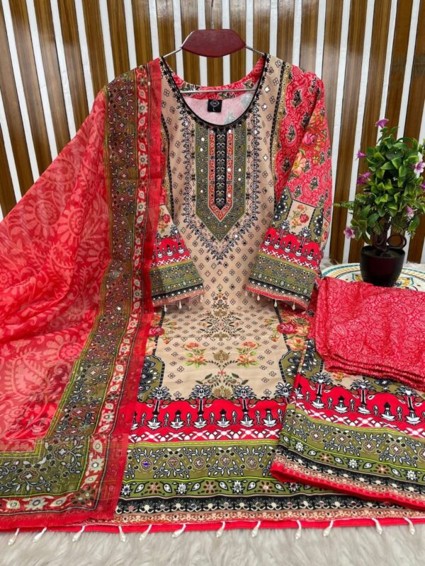 Digital Print Three Piece Micro Stitch Suit with Lace Work and Georgette Dupatta