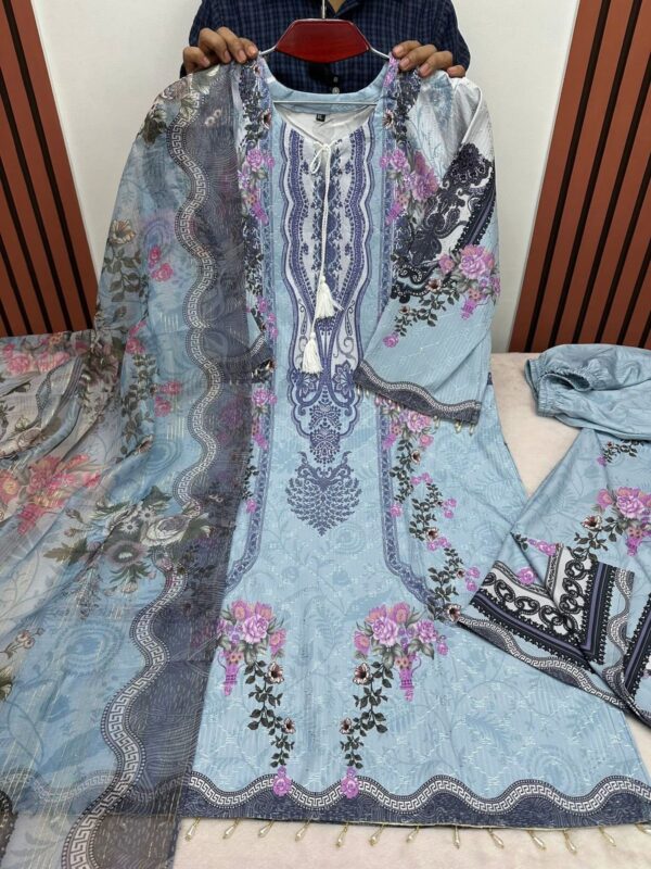 Embroidery Sequence Digital Print Three Piece Cherry Suit with Maisori Cotton Dupatta