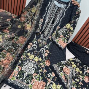 Embroidery Sequence Digital Print Three Piece Cherry Suit with Maisori Cotton Dupatta
