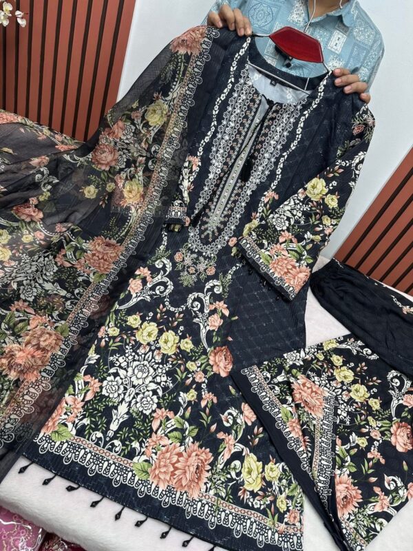 Embroidery Sequence Digital Print Three Piece Cherry Suit with Maisori Cotton Dupatta