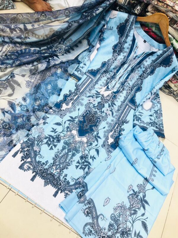 Embroidery Sequence Digital Print Three Piece Cherry Suit with Maisori Cotton Dupatta