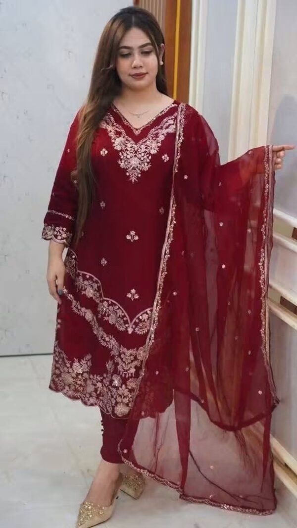 Embroidery Three Piece Reyon Cotton Suit with Full Body Sequence Embroidery and Muslim Soft Organza Dupatta