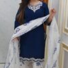 Garara Dress Collection Blue White Cotton Embroidered Suit with Georgette Embroidered Dupatta