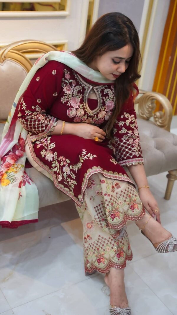 Garara Dress Collection Maroon Cotton Embroidered Suit with Georgette Digital Printed Dupatta