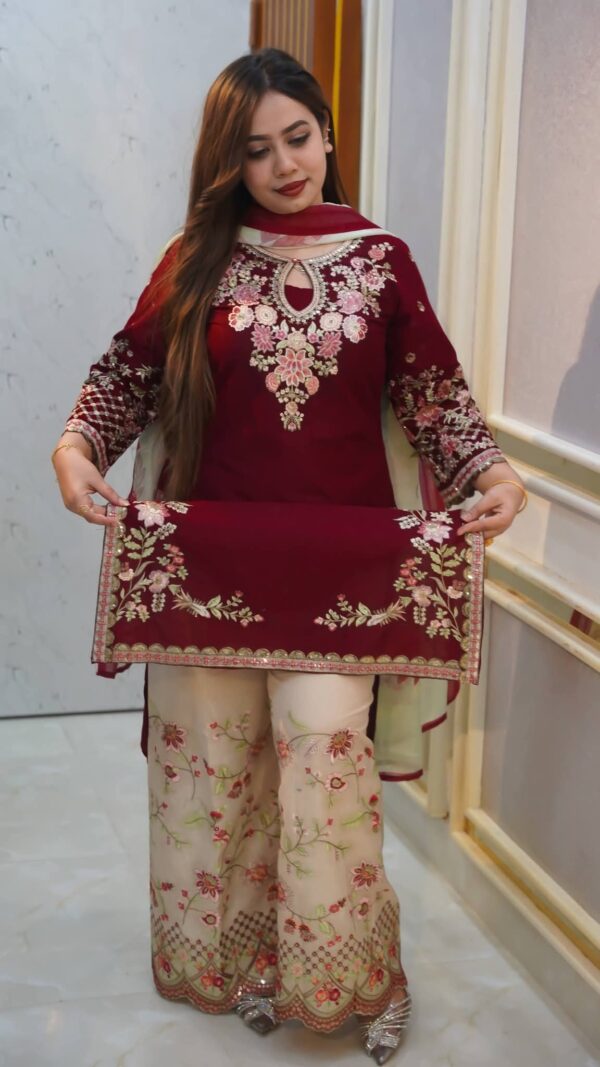 Garara Dress Collection Maroon Cotton Embroidered Suit with Georgette Digital Printed Dupatta