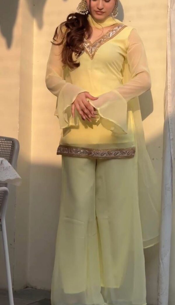 Georgette Sequence Three Piece Suit with Inner Attached Kameez and Georgette Palazzo