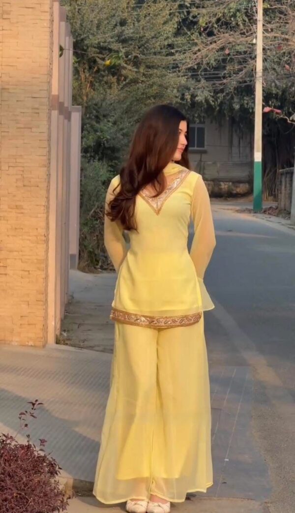 Georgette Sequence Three Piece Suit with Inner Attached Kameez and Georgette Palazzo