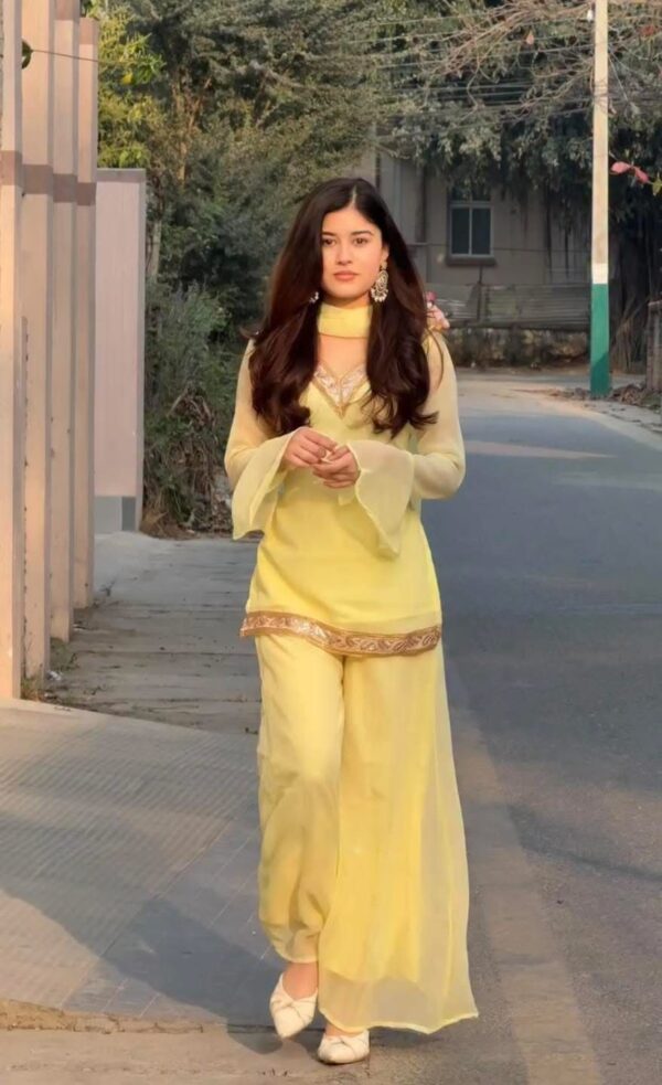 Georgette Sequence Three Piece Suit with Inner Attached Kameez and Georgette Palazzo