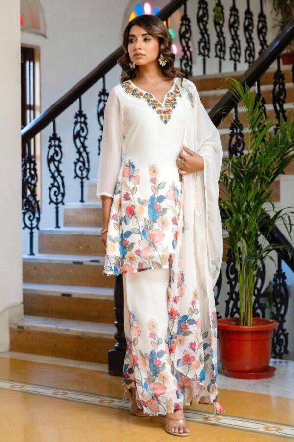 Georgette Western Three Piece White Georgette Printed Suit with Embroidery Work and Palazzo Cut