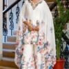 Georgette Western Three Piece White Georgette Printed Suit with Embroidery Work and Palazzo Cut