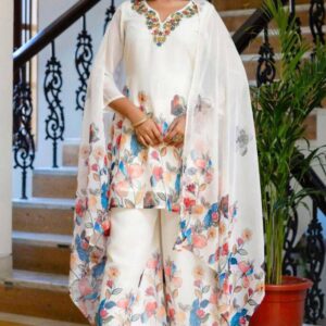 Georgette Western Three Piece White Georgette Printed Suit with Embroidery Work and Palazzo Cut