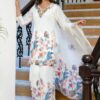 Georgette Western Three Piece White Georgette Printed Suit with Embroidery Work and Palazzo Cut