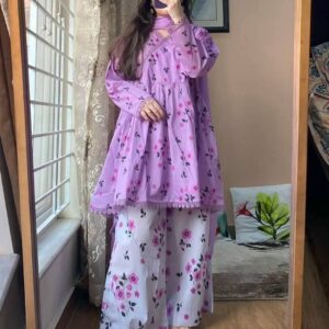 Premium Cotton Printed Three Piece with Golden Afsan Print and Two Shade Chiffon Georgette Dupatta
