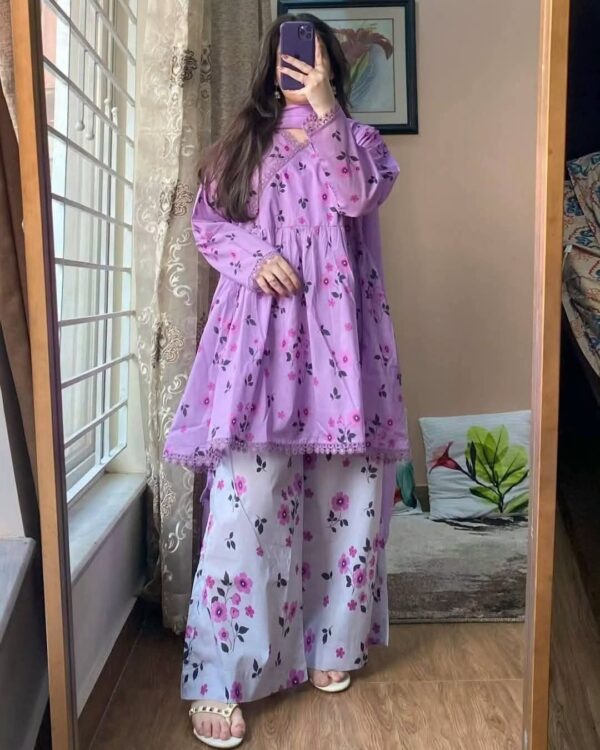 Premium Cotton Printed Three Piece with Golden Afsan Print and Two Shade Chiffon Georgette Dupatta