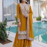 Premium Soft Jorjet Three Piece Suit with Sequence Embroidery and Inner Attached