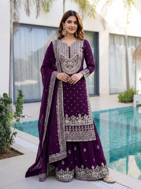Premium Soft Jorjet Three Piece Suit with Sequence Embroidery and Inner Attached