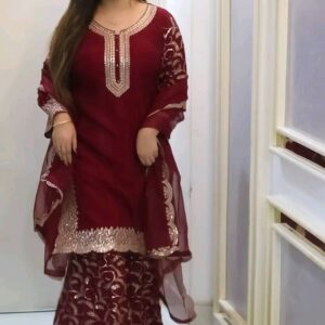 Premium Soft Jorjet With Sequence Embroidery Three Piece Suit with Inner Attached