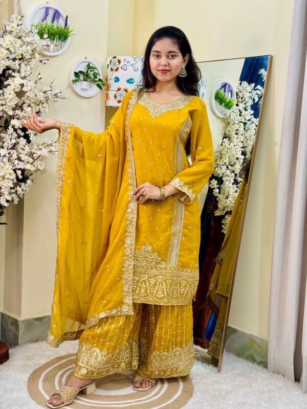 Sequence Embroidery Gharara Three Piece Indian Weightless Georgette Suit with 5 Hath Dupatta