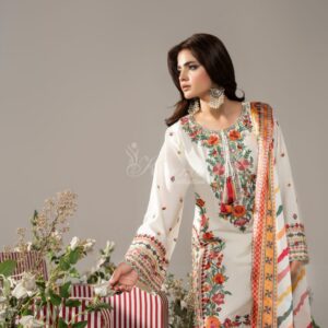 White Farsy Dress Premium Cotton Embroidery Salwar Kameez with Georgette Digital Printed Dupatta