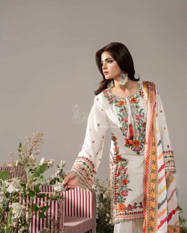 White Farsy Dress Premium Cotton Embroidery Salwar Kameez with Georgette Digital Printed Dupatta