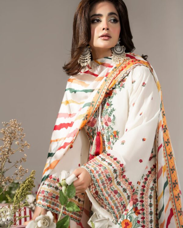 White Farsy Dress Premium Cotton Embroidery Salwar Kameez with Georgette Digital Printed Dupatta