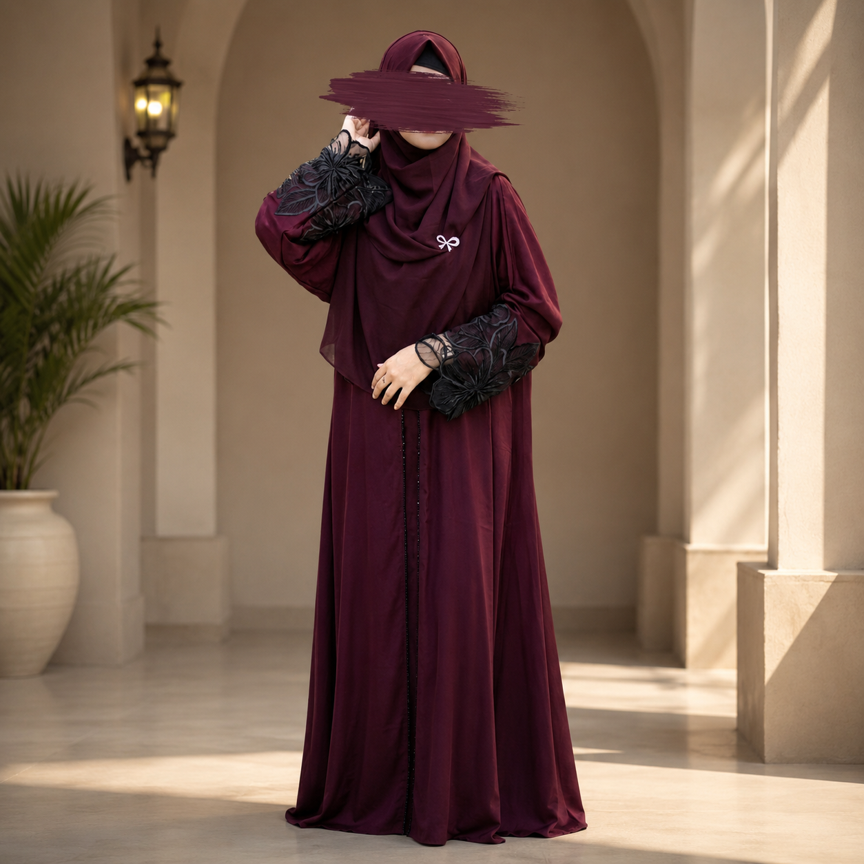 Lace Abaya Borka Maroon Color